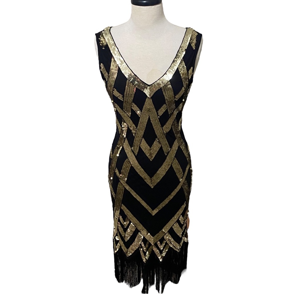NWT Gatsbylady London Hand Embellished Sequin Black/Gold Flapper Dress US Sz 4